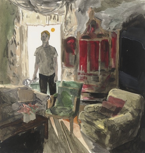 blastedheath:  Hernan Bas (American, b. 1978), A Scene in Headache Grey, 2004. Watercolor, gouache, acrylic and graphite on paper, 13½ x 13 1/8 in. 