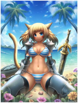 peprepme:  R-17.9 commission from deviantart member. His miqo’te oc from final fantasy online in striped bikini.