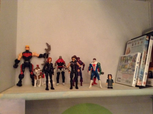 My protectors on the shelf by my bed. Hawkeye mashup, Wishbone, Black Widow, Requin, MCU!Hawkeye, or