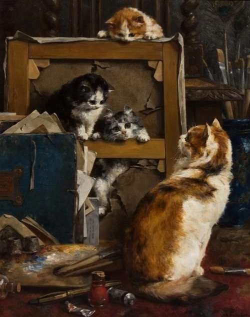 oldpaintings:Cats at Studio, 1895 by Charles van den Eycken (Belgian, 1859–1923) 