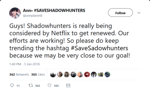 saltybane:Guys it seems to be working so please keep using #SaveShadowhunters on twitter and going t