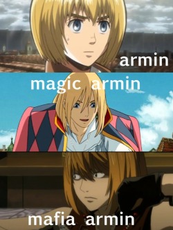 heichousface:  boxful-of-spooky-doitsu:  fromaghostsshell:  kuroshii:  green-makakas:  militaryhitch:  a collection of armins  All of my favourite Armins except for the shouta porn Armin  Whyyyy does everyone always forget about Trigger Happy Armin? 