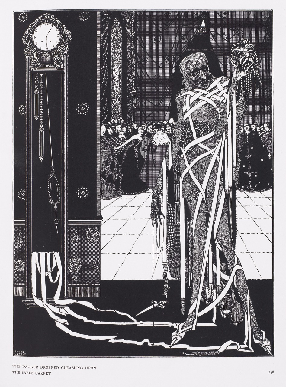 agedraider:
“ Harry Clarke
 The Dagger Dropped Gleaming Upon the Sable Carpet
From The Masque of the Red Death by Edgar Allan Poe
”