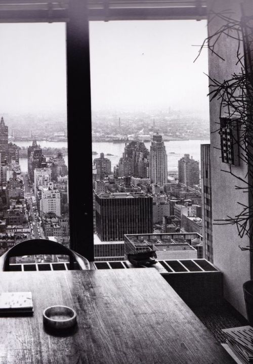 scandinaviancollectors:  A view from architect Philip Johnson’s office in the Seagram Building, designed by Ludwig Mies van der Rohe and Johnson in 1957. Photograph by Julius Shulman. / Pinterest