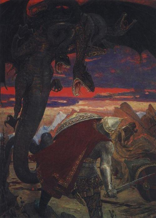 viktor-vasnetsov: Fight Dobrynya Nikitich with seven headed serpent Hydra, 1918, Viktor Vasnetsov ht