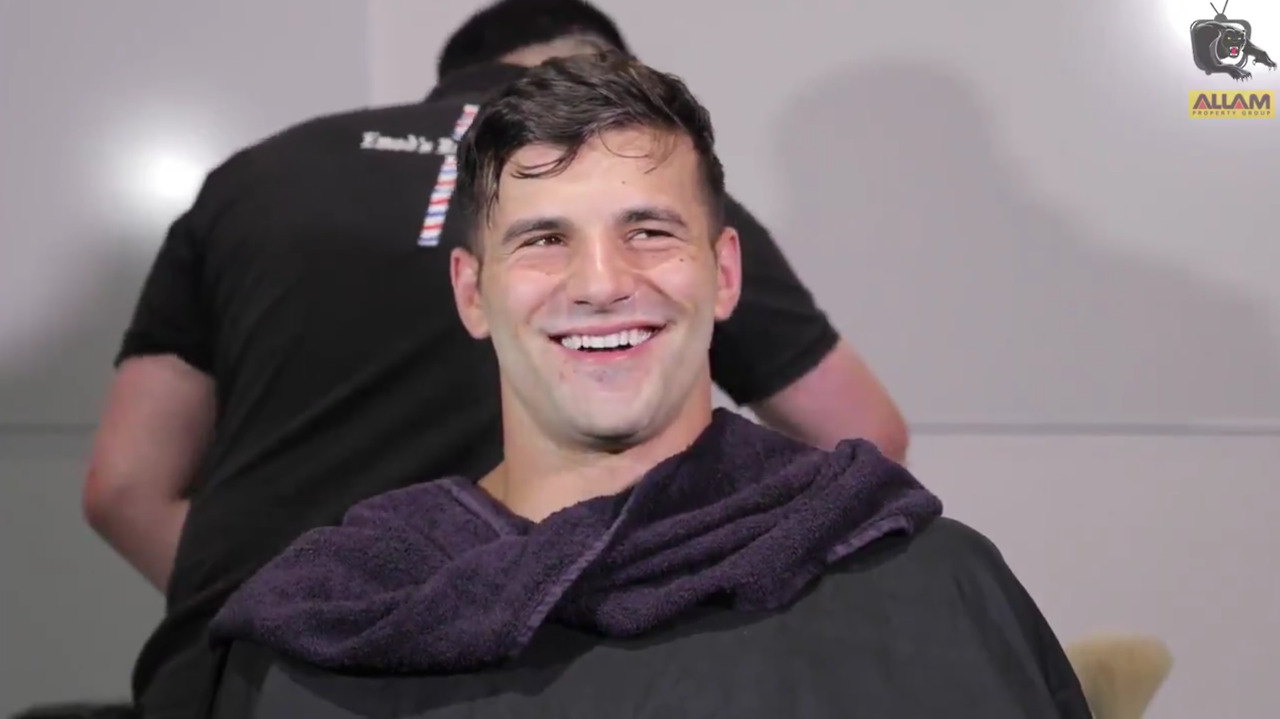 roscoe66:  Josh Mansour of the Penrith Panthers shaves off his beard for charity.
