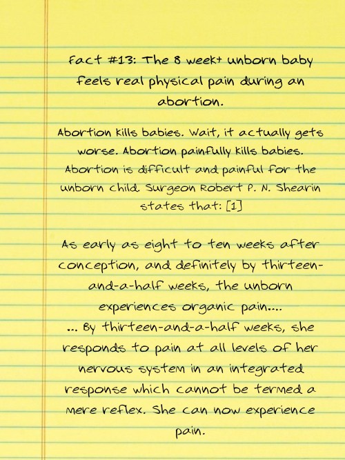 just-prolife-things:goandannouce:from: AbortionFacts.com 13 week fetuses can’t feel pain. 8 week emb