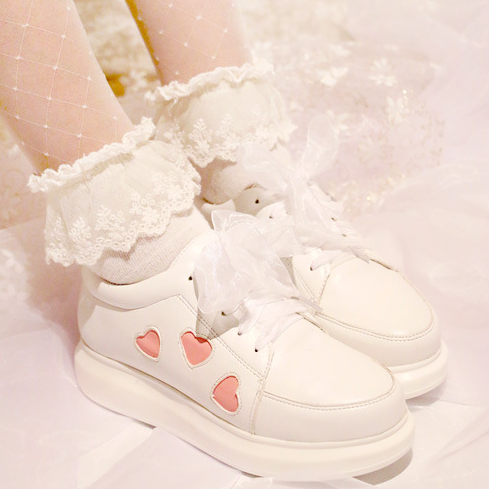 coquettefashion: White Heart Print Ribbon Platform Sneakers Use the code “coquette” at c