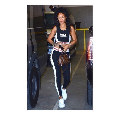 Wearing a VFiles sports plus bra and leggings | Nike Air Max 90 sneakers | Louis Vuitton Alma BB handbag #sporty #athletic #gymlook #rihanna #stylecrush #starstyle #stylestar #vfiles #nike #louisvuitton