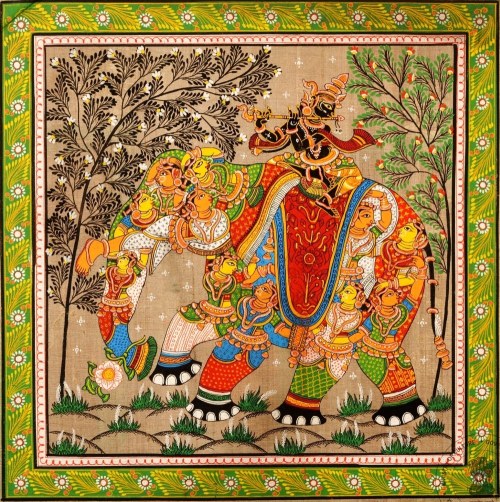 Kandarpa Hasti It is a scroll painting of Lord Krishna seated on an elephant depicts eleven female f