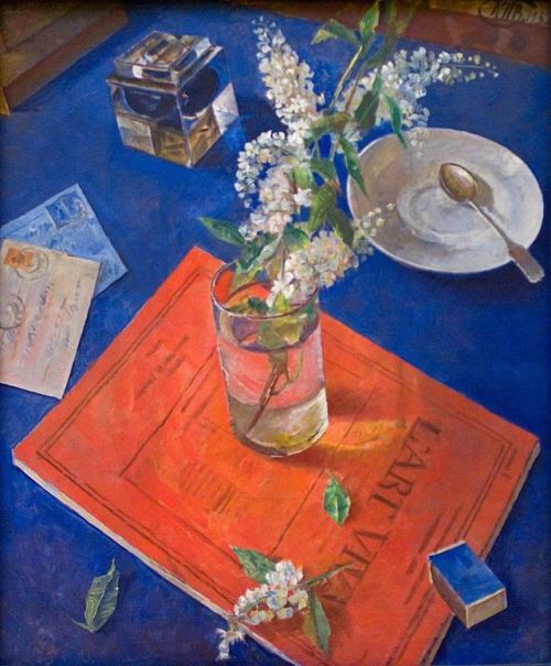 huariqueje:Branch of a Bird Cherry Tree in a Glass -  Petrov-Vodkin, Kuzma Sergeevich , 1932Russian,