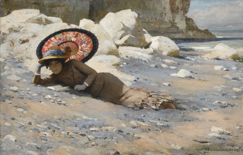 master-painters:Charles Sprague Pearce - Reading by the shore - 1883-1885