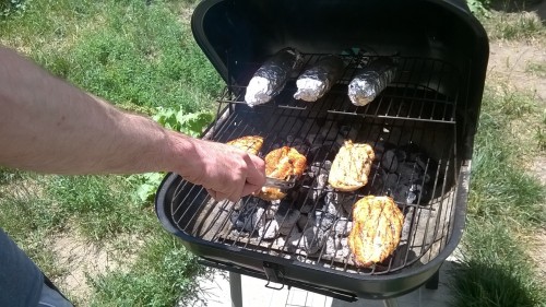 Nick covered the corn cobs in butter and garlic powder and grilled it and I’m seriously about to go to the store and get more corn. I could probably eat just the corn, it’s so fucking good