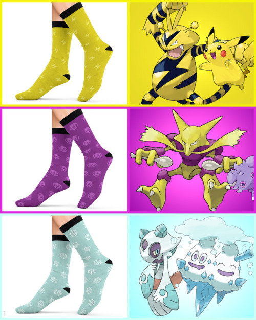 trinketgeek:Pokemon type socksThe next three pokemon type socks; electric, psychic and ice! :DHope y