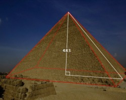 yourmaj3sty:     The word ‘pyramid’ in Egyptian literally means “Measure of Light”. The vertical height of the Great Pyramid, when the structure was intact, was 483 grid feet, which is the square of the reciprocal of the angular velocity of