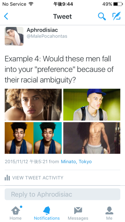 stopwhitepeopleforever:  Your “preference” is not a preference, it is racism. You have internalized negative ideas of black men and for that reason you claim they’re not your “preference.” A preference is saying you like guys with brown hair