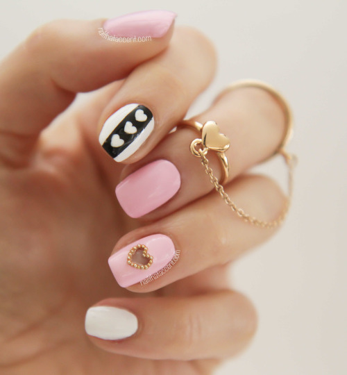 Cute Valentine’s Day manicure with pastel pink, black &amp; white polishes, hand painted m