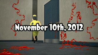 gif from TPoM episode "Goodnight and Good Chuck".  Kowalski is covered in ketchup, as are all the walls behind him, making the room look like a bloody crime scene. Chuck Charles runs off behind him. Kowalski sways a bit before he passes out. text overlay: November 10th, 2012