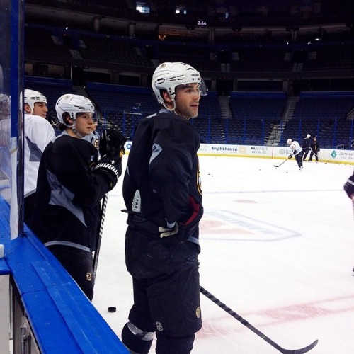 Lucic, Krug and Boychuk follow the puck during today’s drill reps at practice in Tampa. #NHLBruins