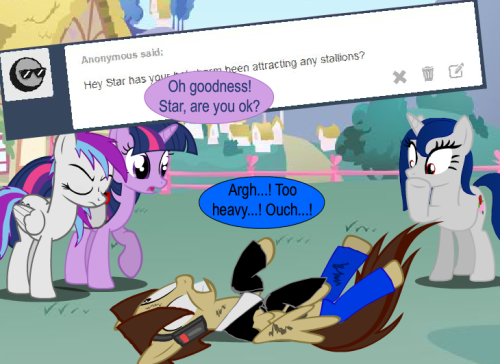ask-star-singer:An ask by an Anon featuring ask-twilights-library and ask-amorarose.Geez…! Couldn’t he have forewarn me before jumping on me??  XD!! Oh jeeze, Mac… >w<
