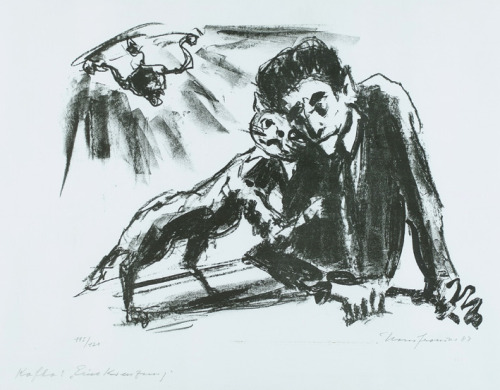 franzkavka:Hans Fronius illustrations of Kafka cuddling with a cat masterpost