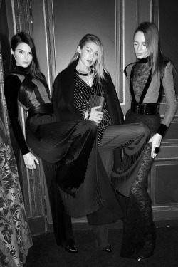 senyahearts:Kendall Jenner, Gigi Hadid &amp; Daria Strokous - Backstage at Balmain, Fall 2015 RTW