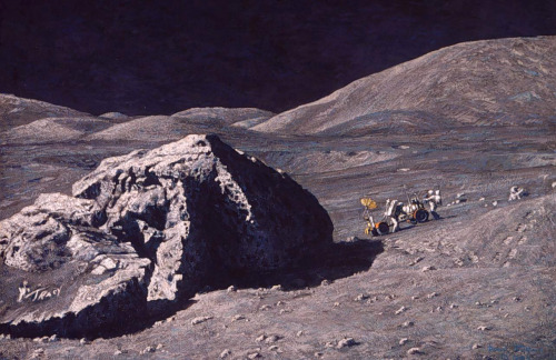 humanoidhistory:  Tracy’s Boulder, 1984, by astronaut-turned-artist Alan Bean, depicting Apollo 17 moonwalkers Gene Cernan and Jack Schmitt at work in the Taurus-Littrow Valley. (Alan Bean Gallery) 