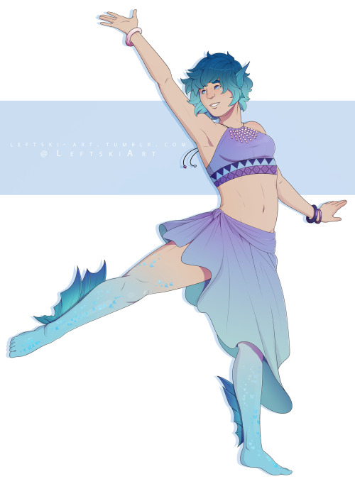 leftski-art:This is Reif, a Merfolk Bard who uses Fins to Feet so they can dance ♪♫♪Wait until you m