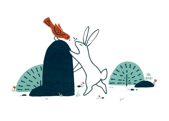 A rabbit converses with a sparrow. 