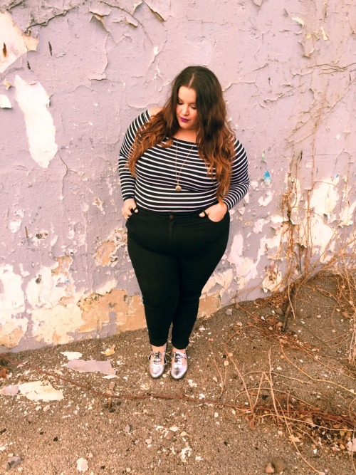 nataliemeansnice: fat girls can, and will, wear stripes. striped ‘bardot’ top - asos cur