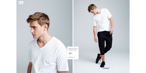 chriscruzism:Refresh Your Fit with the New Arrivals by Simons are essentials wardrobe for guys including sweatpants, long tunic shirts, also tees, side zip tee, roll-sleeve tee, tanks, complementing with white or dark sneaks. Model Bo Develius is