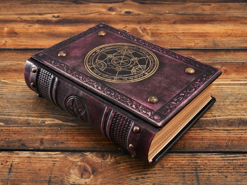 Alchemy leather journal with the transmutation circle tinted in purple…