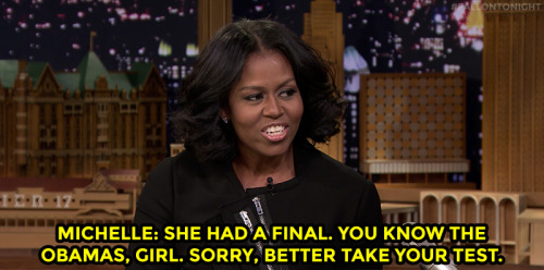 caliphorniaqueen:ibadbitch:fallontonight:First Lady Michelle Obama explains why Sasha had to stay in