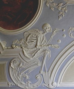 by-grace-of-god:  “Death blowing bubbles,” 18th century. The bubbles symbolize life’s fragility. This plaster work appears on the ceiling of Holy Grave Chapel in Michaelsberg Abbey, Bamberg, Germany. (+)
