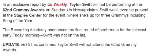 path-of-my-childhood:HITS Daily Double confirms that Taylor will not be attending 2020 Grammy Awards