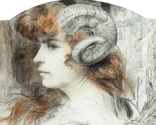 crystalline-aesthetics:Edgar Maxence The Huntress (study for Fauness). undated, black and red chalk 