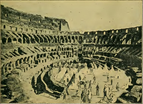Native Americans with Buffalo Bill’s Wild West Show set up teepees in the Roman Colosseum, 1890.
