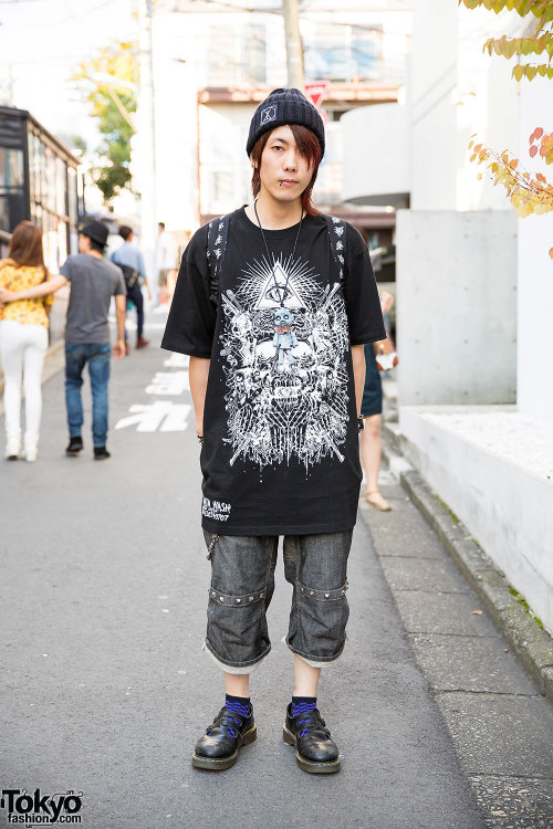 GazettE fan in Harajuku with a Long Clothing beanie, an Eye of Providence t-shirt, a super creepy do