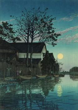 huariqueje:    Evening at Itako (Itako no yû)   -     Kawase Hasui , 1930 Japanese,   1883–1957     Woodblock print; ink and color on paper ,   43 x 30.3 cm (16 15/16 x 11 15/16 in.)   