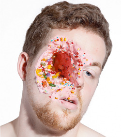 raideo:  laughingalonewithheathcliff:  ashkan honarvar created the series ‘faces’ to explore the disturbing vision of fatal facial injuries by moulding and altering his models’ ‘wounds’ from brightly colored sweets such as candy and ice cream.