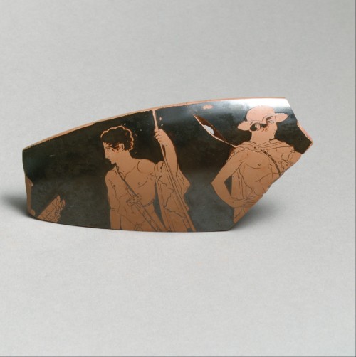 via-appia:Fragment of a terracotta kylix (drinking cup), two young warriors setting outAttributed to