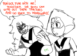 gg-rain:  godzillagiroflex:  headcanon: peridot doesn’t know how to dance so every time she has to fuse she does the caramell dansen   This one is my favorite so far 