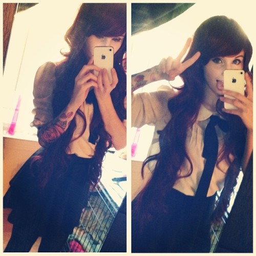 withaflowerinourhair:  From yesterday. I hope to dress like this more often 👽 #preppy #longhair #skirt #preppy #flowertattoo #tattoo #girlswithtattoos