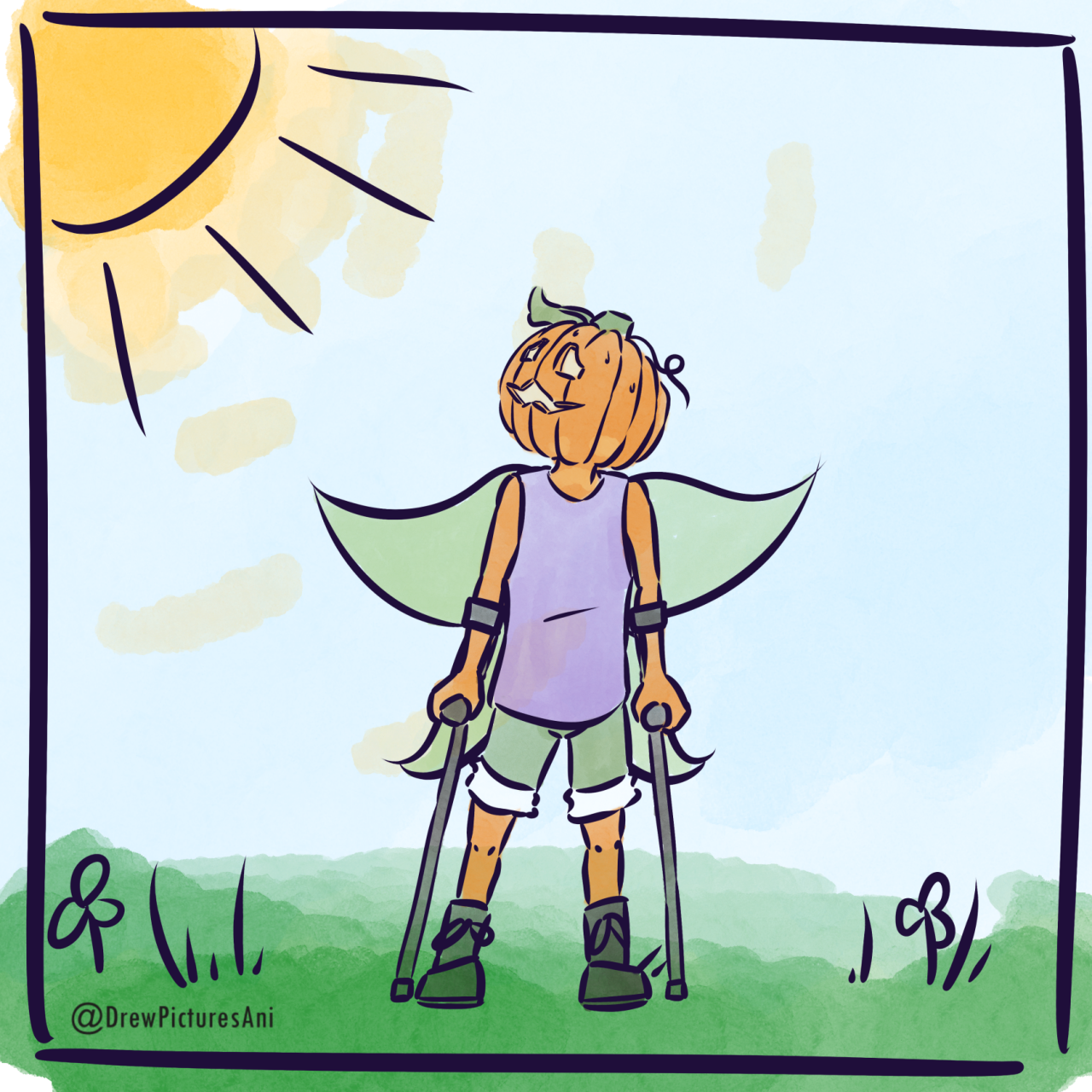 Panel 3. The faerie stops in the centre of the panel and looks up towards the sun, a concerned expression on their face. They are still sweating.