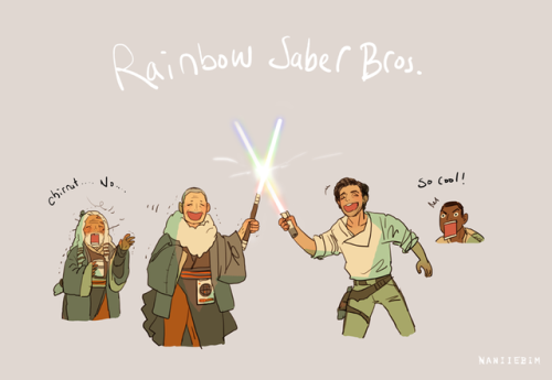 naniiebimworks:  Chirrut and Poe! Rainbow Light Saber Bros.!     (Baze will go bald…)     (Found the