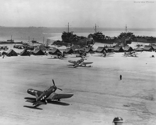 usaac-official:  Marine Corsairs on a runway in the Marshall Islands, 1944