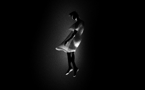 warren in a hospital gown floating in a black void, he's lit from below highlighting his form and the folds of the gown.