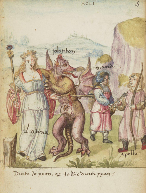 Latona, Python, Diana, Apollo. From a French manuscript c. 1510.