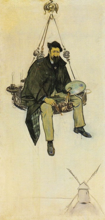 coraltigerpizza:Ramón Casas. Retrat de Santiago Rusiñol al damunt d'una làmpada. c. 1895.