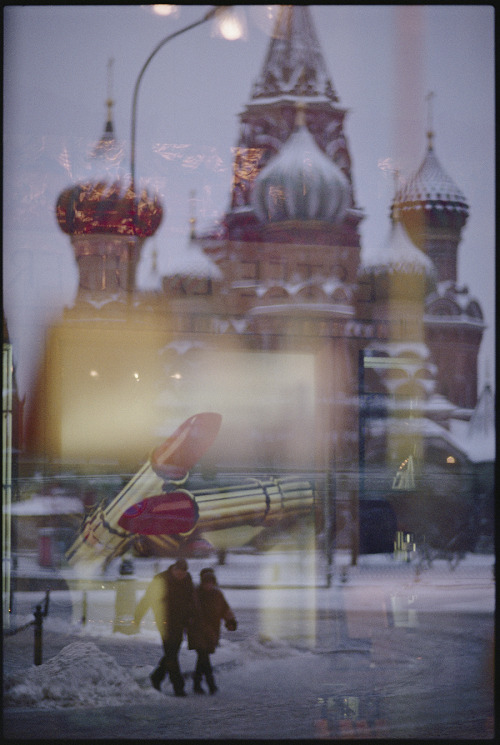 A view of Saint Basil&rsquo;s Cathedral in Red Square, Russia, shot through a store window. Phot